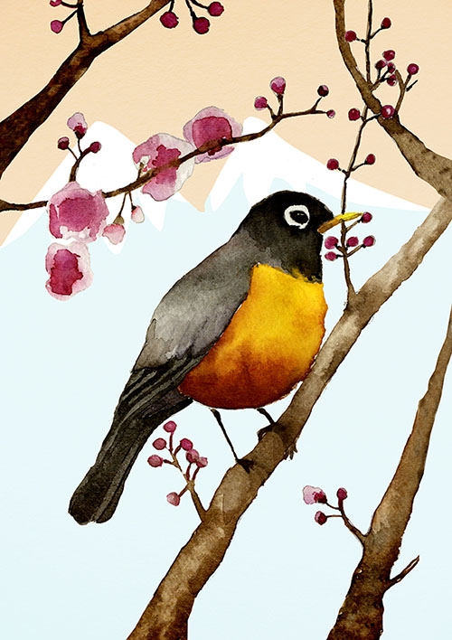 Bird on a cherry tree iphone ipad mini background