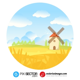 Farm scene with windmill in the field illustration